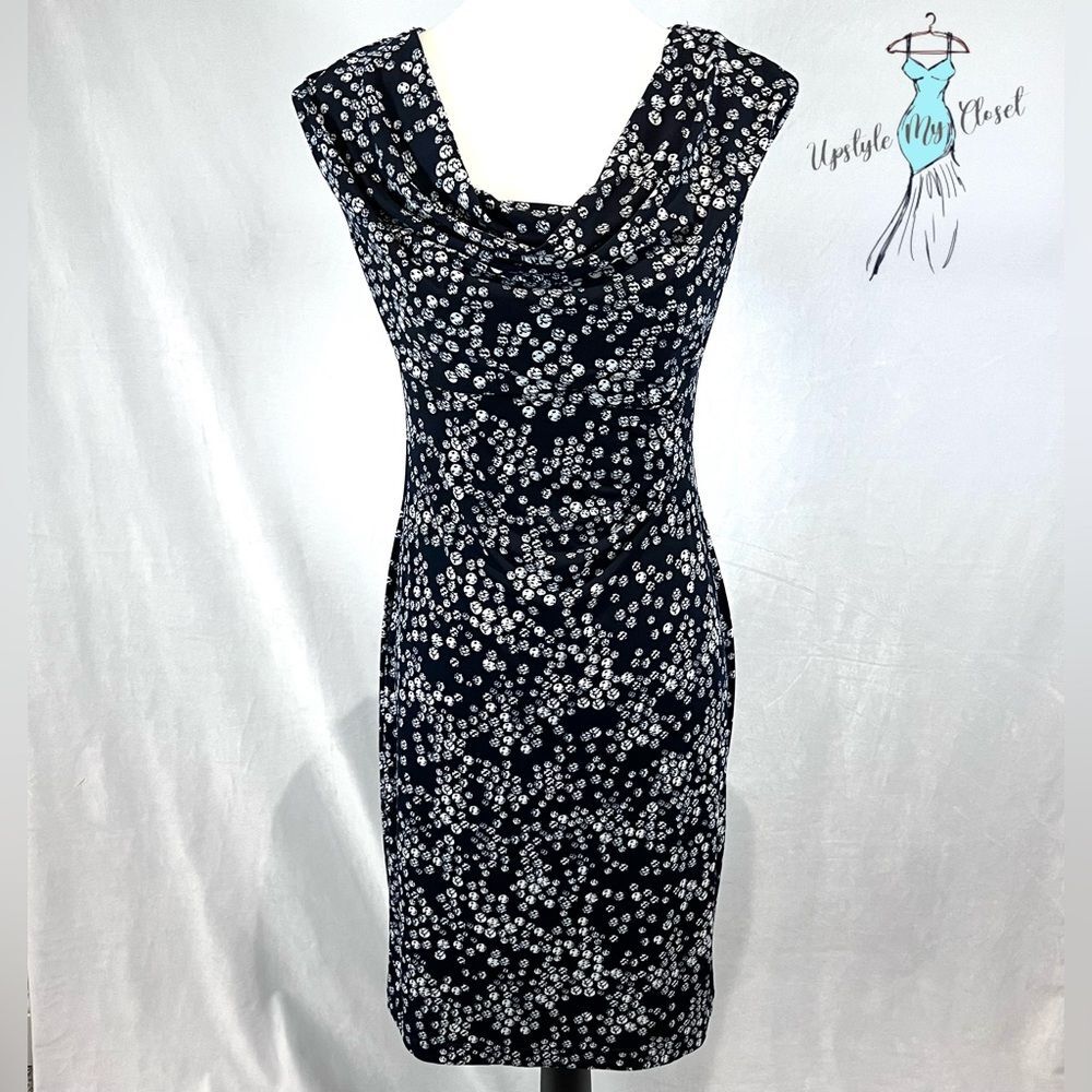 Navy and white artistic dot print cowl neck sheath dress size 6